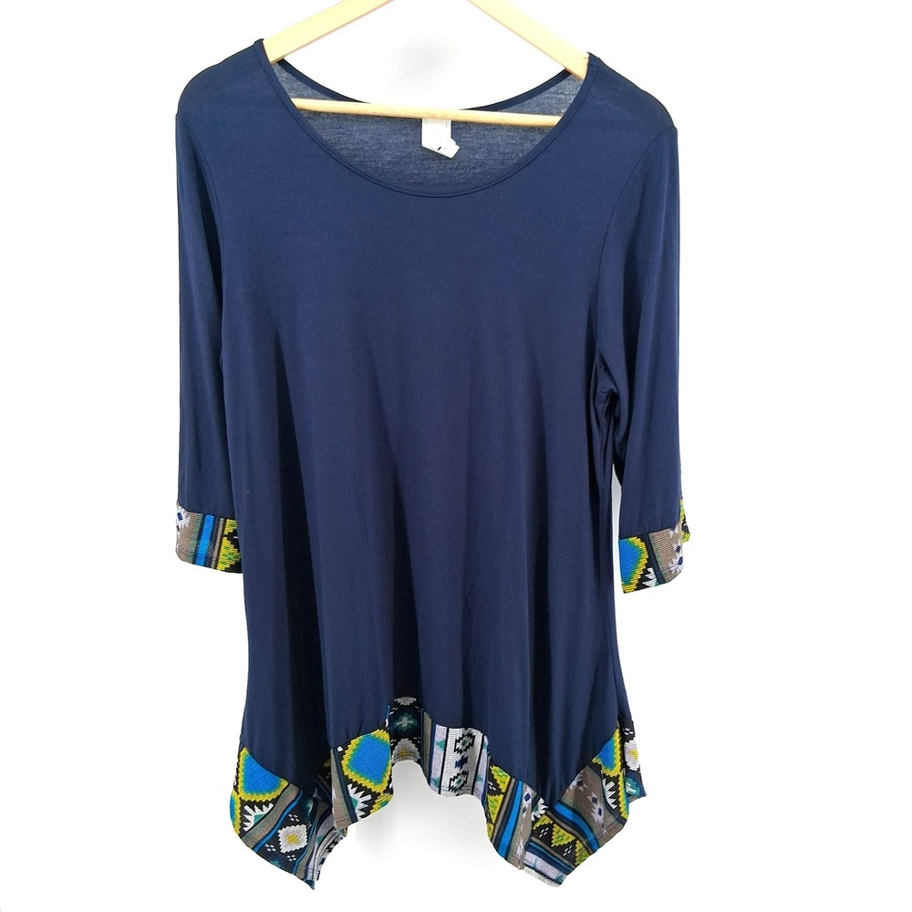 R Rouge Navy Blue Tunic Top Aztec Tribal Hem Womens Plus Sz 2X Bohemian‎ Western